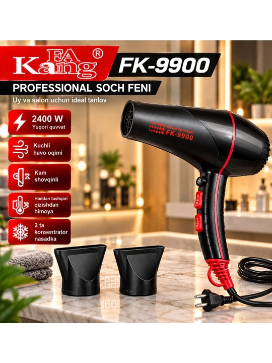 FA Kang FK-9900 professional soch quritish feni, 2400W, 2 ta nasadkali, kuchli fen - 