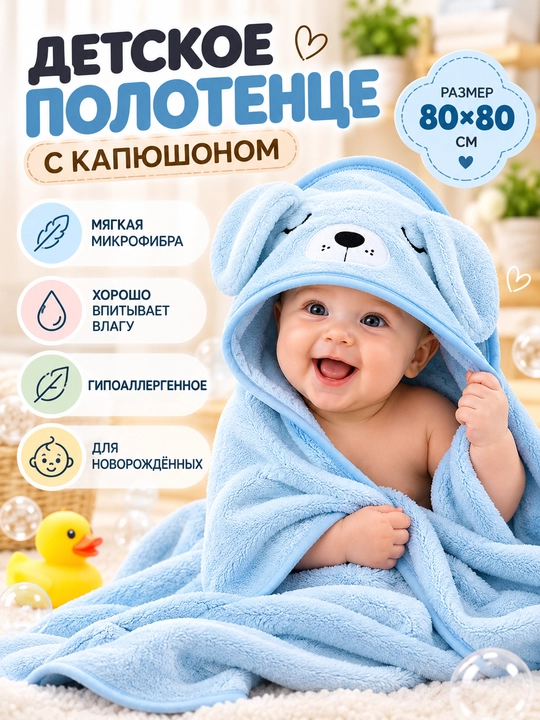 Yuz va tana uchun bolalar uchun kapshonli sochiq, 80x80 sm mikrofiber, hammom sochiq - 