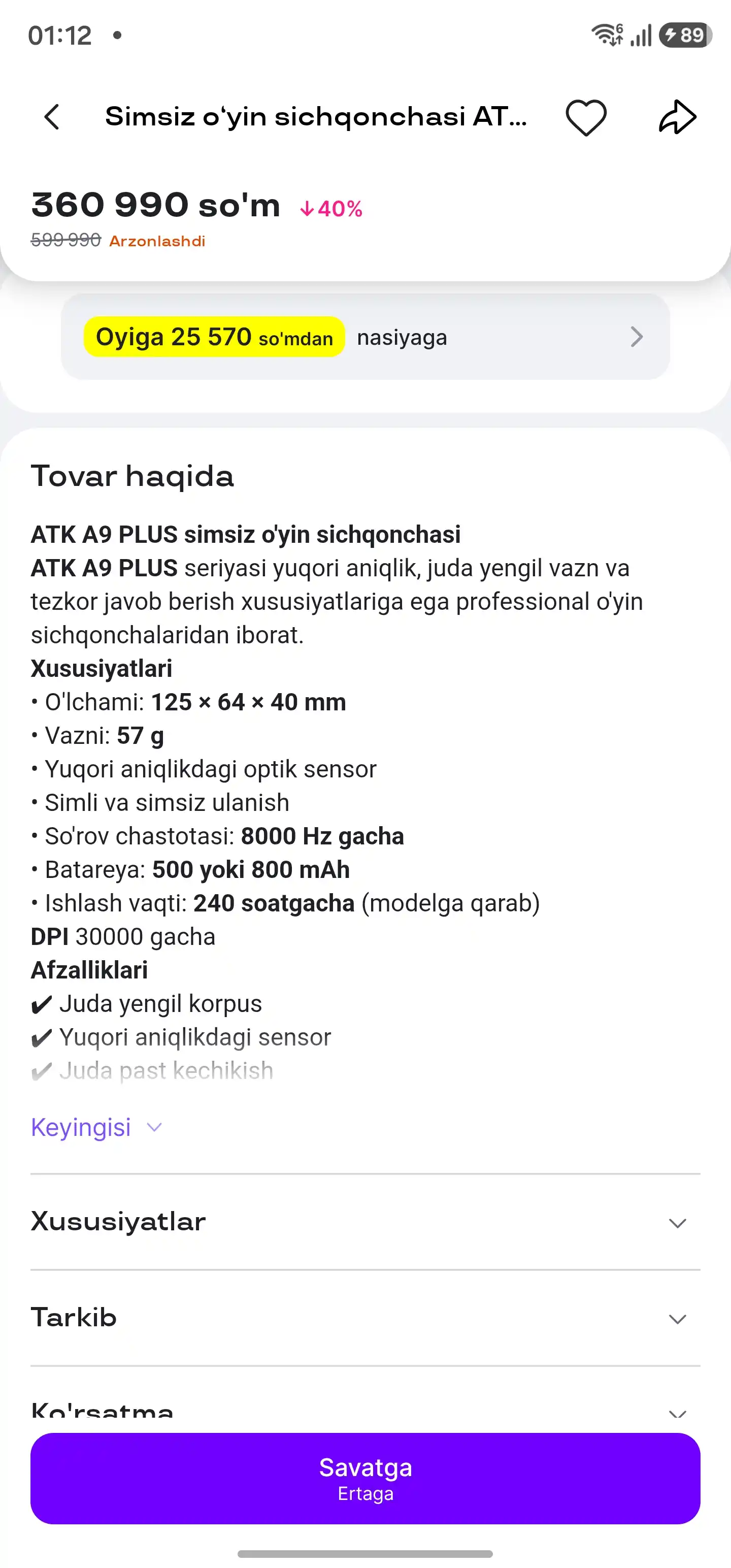 Simsiz o‘yin sichqonchasi ATK A9 PLUS, Bluetooth va 2,4G, 30000 DPI mishka kompyuter uchun