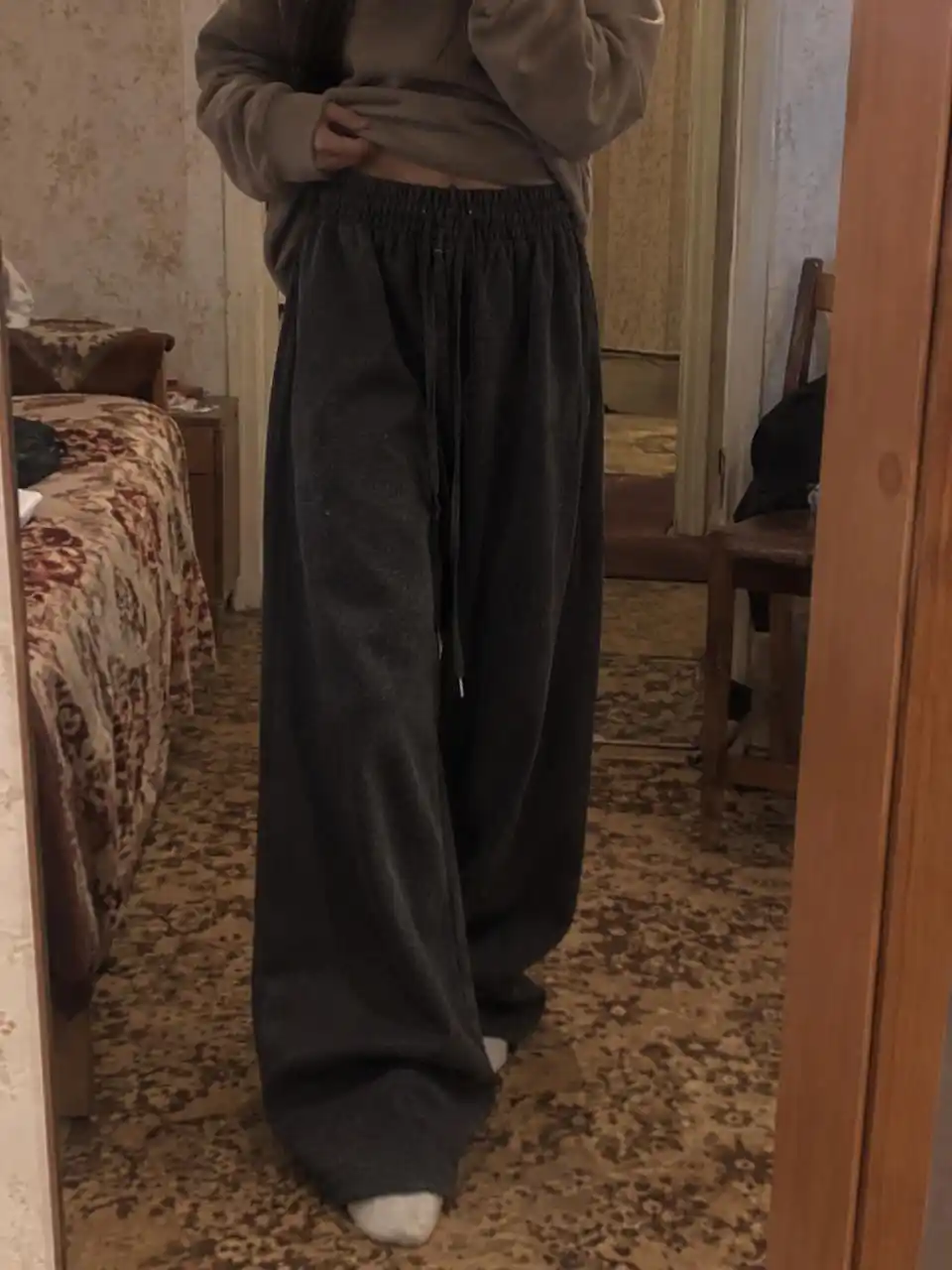 Ayollar issiq nachosli shimlari, keng to‘g‘ri triko, qishki palazzo shim S–XL