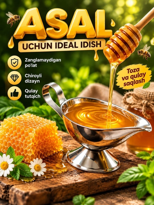 Dastasi va tagligi bo‘lgan metall sous idishi, dasturxonni bezash uchun zamonaviy idish