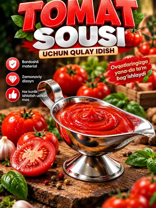 Dastasi va tagligi bo‘lgan metall sous idishi, dasturxonni bezash uchun zamonaviy idish