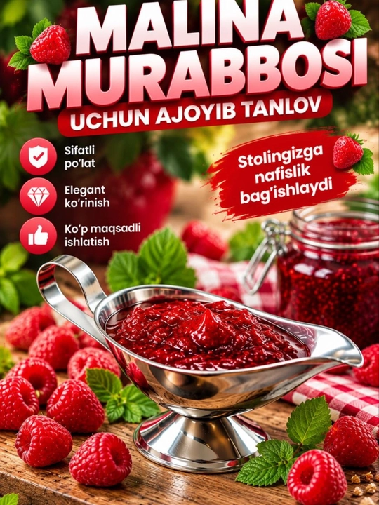 Dastasi va tagligi bo‘lgan metall sous idishi, dasturxonni bezash uchun zamonaviy idish
