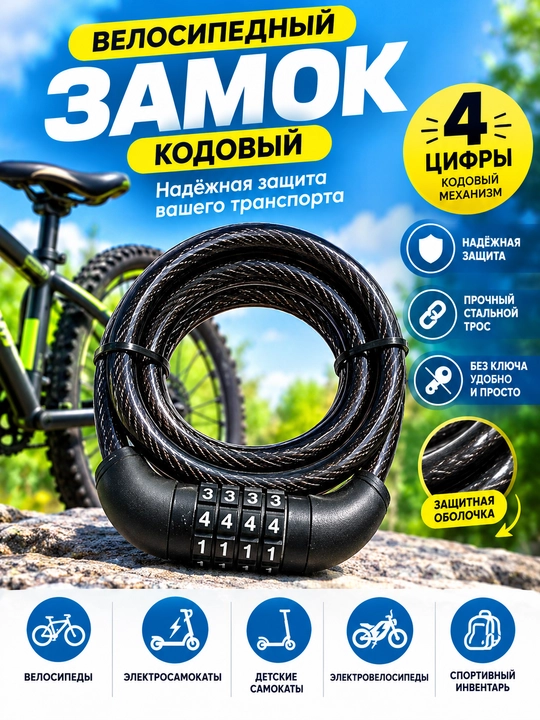Велосипедный тросовый замок с кодовым механизмом, 4-значный - 