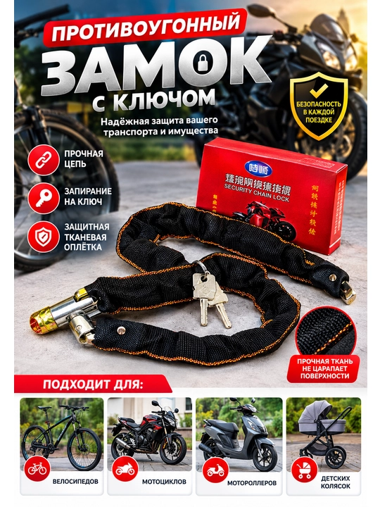 Противоугонный цепной замок с ключом для велосипедов, мотороллеров и детских колясок - 