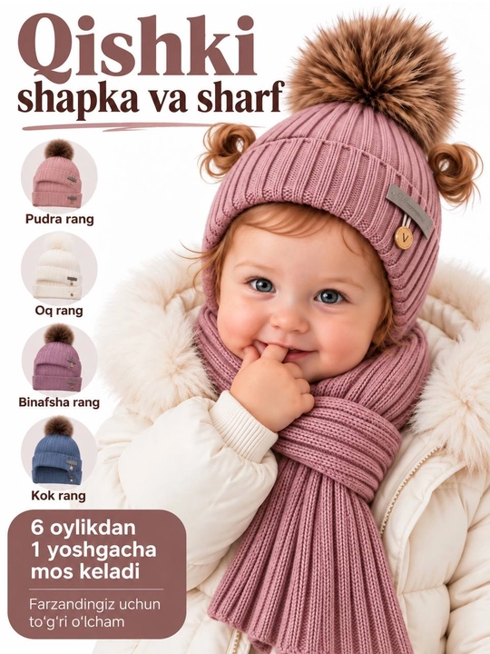 Qiz bolalar uchun qishki shapka va sharf to‘plami, pomponli, yumshoq va issiq, 6–12 oylik - 