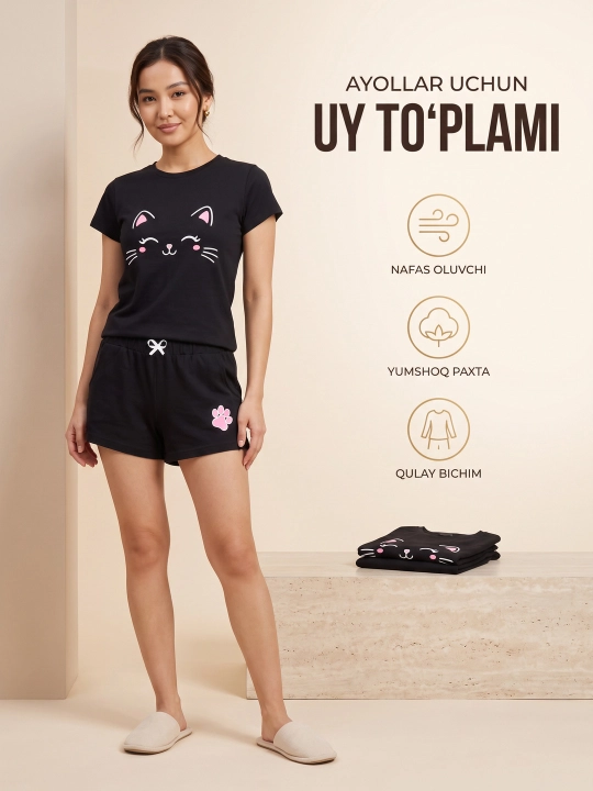 Ayollar pijama toʻplami, futbolka va shorti, paxtali uy kiyimi