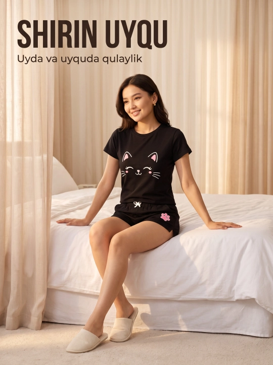 Ayollar pijama toʻplami, futbolka va shorti, paxtali uy kiyimi