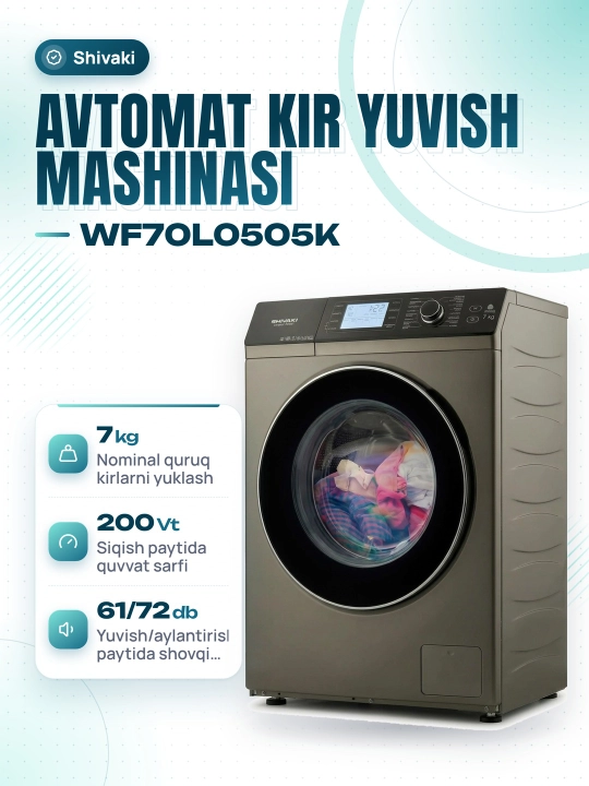 Kir yuvish mashinasi Shivaki WF70L0505K Inverter - 