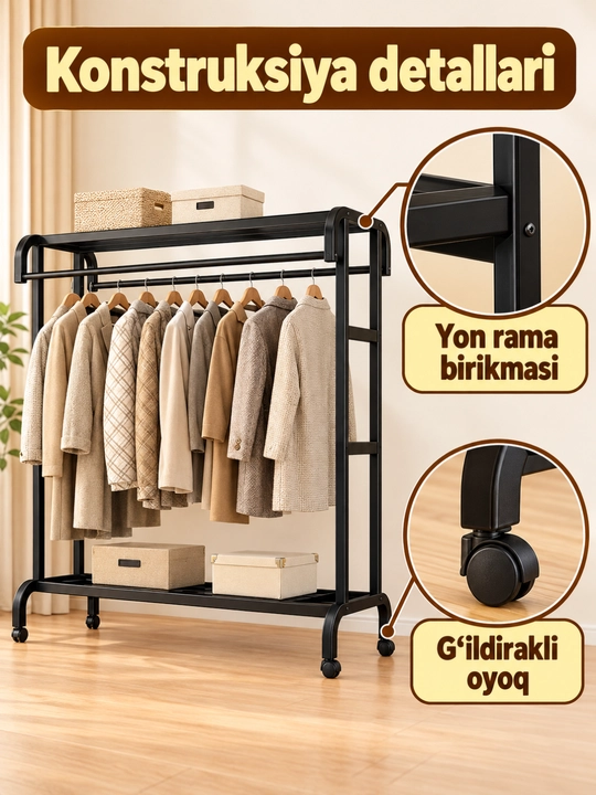 Вешалка для одежды напольная металлическая с полками, 100×50×145 см