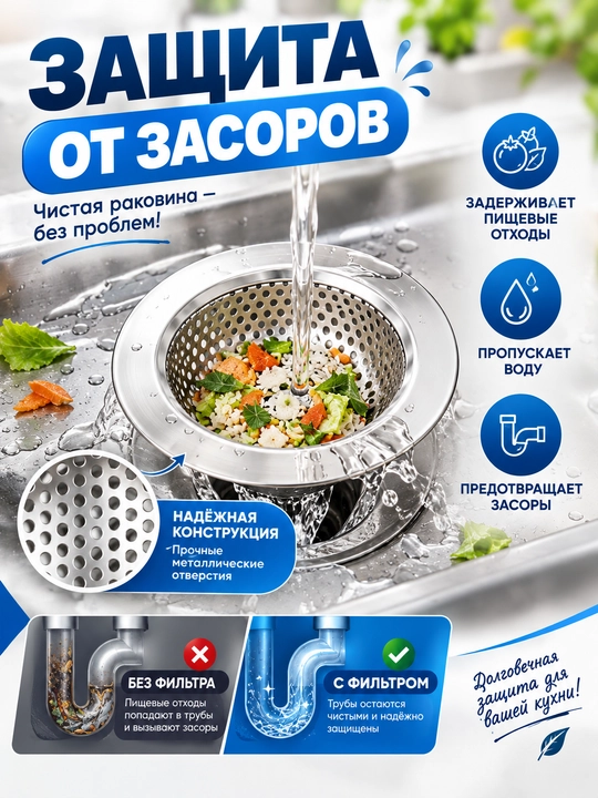 Сетка-фильтр для раковины из нержавеющей стали, 2 шт., 9 и 11,5 см