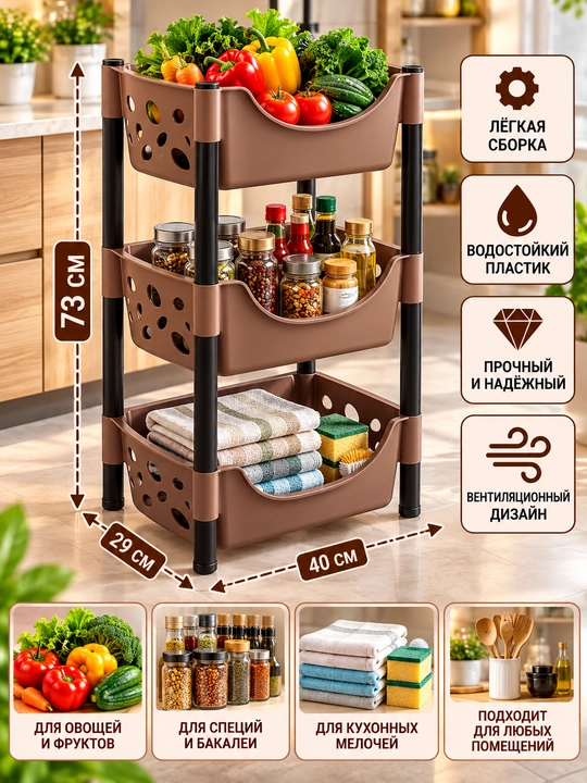 Этажерка пластиковая, для кухни, ванной, напольная
