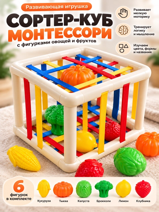 Сортер-куб Монтессори с фигурками овощей и фруктов для малышей