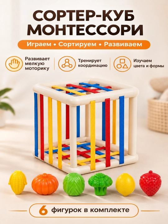 Сортер-куб Монтессори с фигурками овощей и фруктов для малышей - 