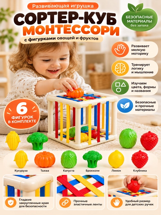 Сортер-куб Монтессори с фигурками овощей и фруктов для малышей