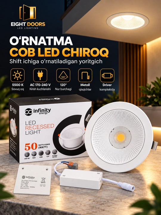 Встраиваемый светильник Infinity Energy MB-8 COB LED, 50 Вт, 5500 К, угол свечения 120° - 