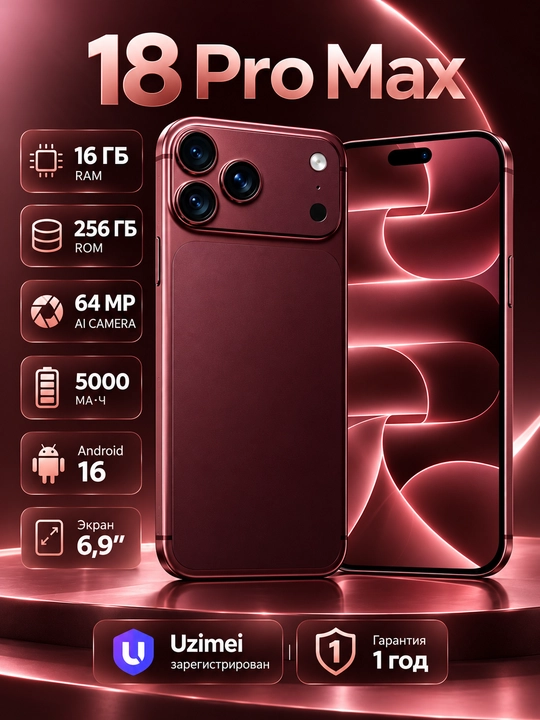 18 ProMax smartfoni, 6,9 dyuymli ekran, 120 Gts, 24/256 GB xotira, 5150 mA·soat batareya - 