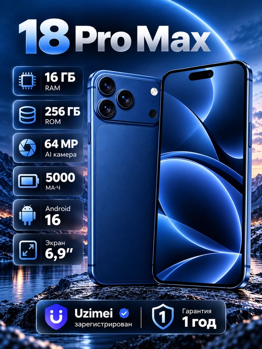 18 ProMax smartfoni, 6,9 dyuymli ekran, 120 Gts, 24/256 GB xotira, 5150 mA·soat batareya - 