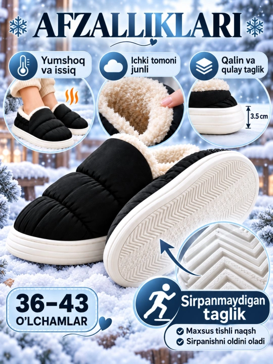 Uy va ko‘cha uchun qishki poyabzal, 1 o‘lcham kichik, issiq yopiq mo‘ynali