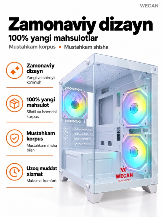 Корпус для компьютера, игровой корпус-аквариум, 3 RGB-вентилятора, прозрачное стекло, ATX
