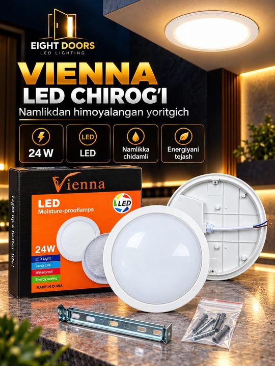 Namlikdan himoyalangan Vienna LED 24W shift yoritgichi, IP44, qoplamali, dumaloq, 6500K - 
