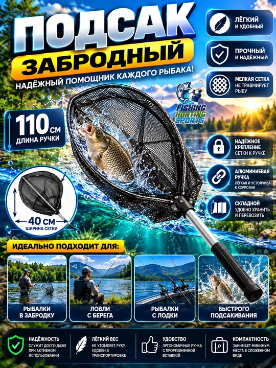 Подсак рыболовный, складной, забродный - 