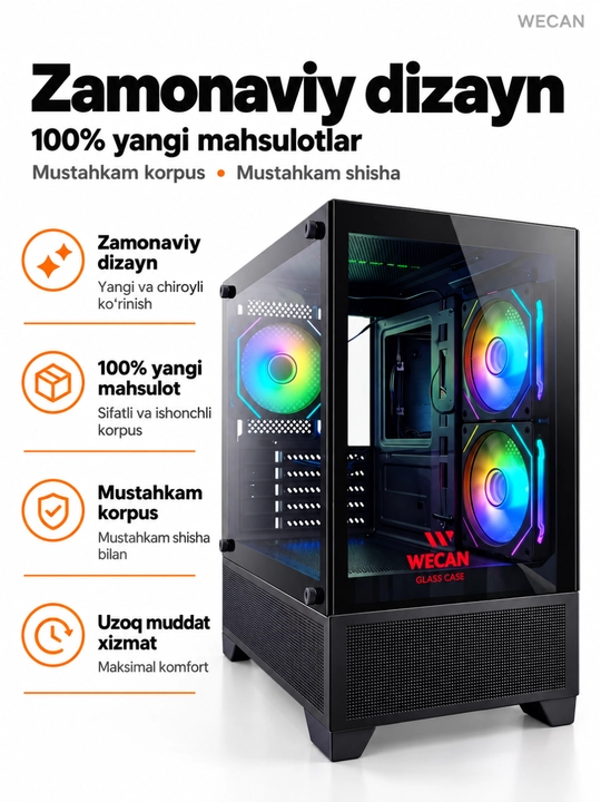 Корпус для компьютера, игровой корпус-аквариум, 3 RGB-вентилятора, прозрачное стекло, ATX