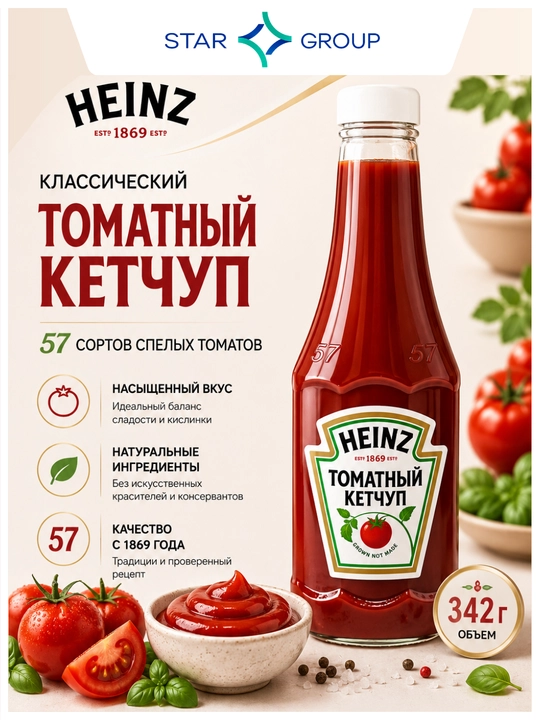 Tomatli "Heinz" ketchupi, pl/but, 342 gr - 
