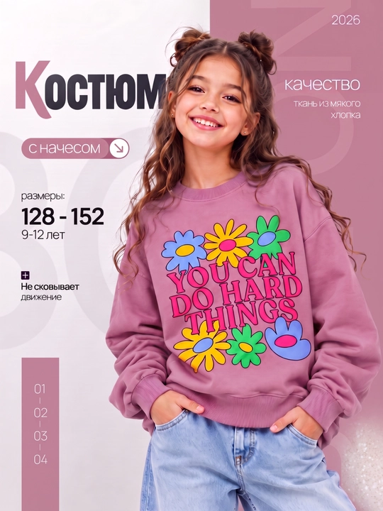 Толстовки для девочек, с начёсом внутри, 100% хлопок, на 9 - 12 лет для прогулок - 