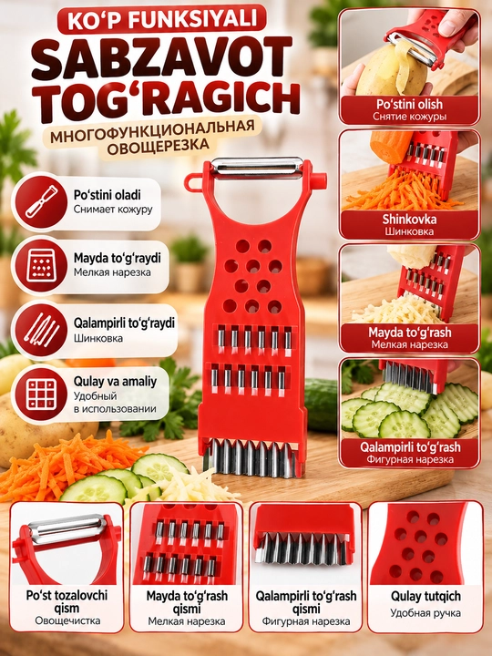 Ko‘p funksiyali sabzavot to‘g‘ragich, po‘st tozalagich va qirg‘ich - 