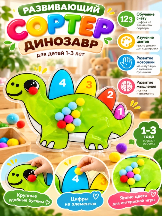 Развивающий сортер Динозавр для детей 1-3 лет