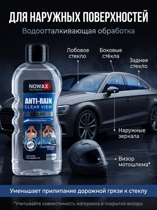 Антидождь для лобового стекла и зеркал NOWAX, водоотталкивающее средство, 250 мл