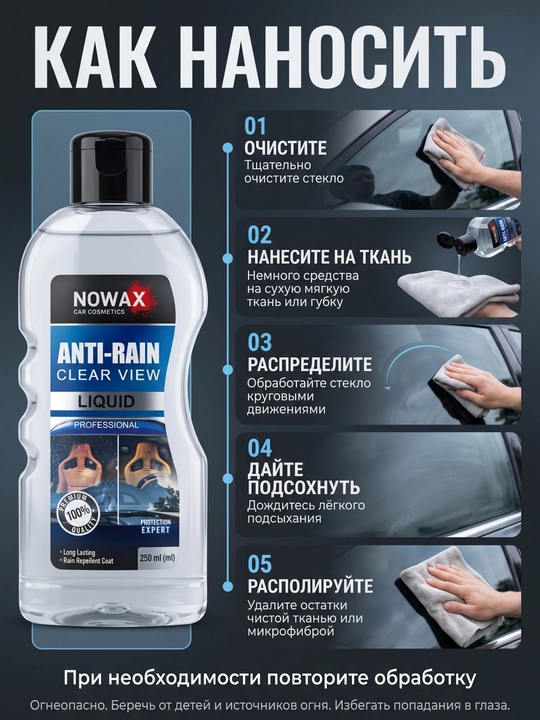 Антидождь для лобового стекла и зеркал NOWAX, водоотталкивающее средство, 250 мл