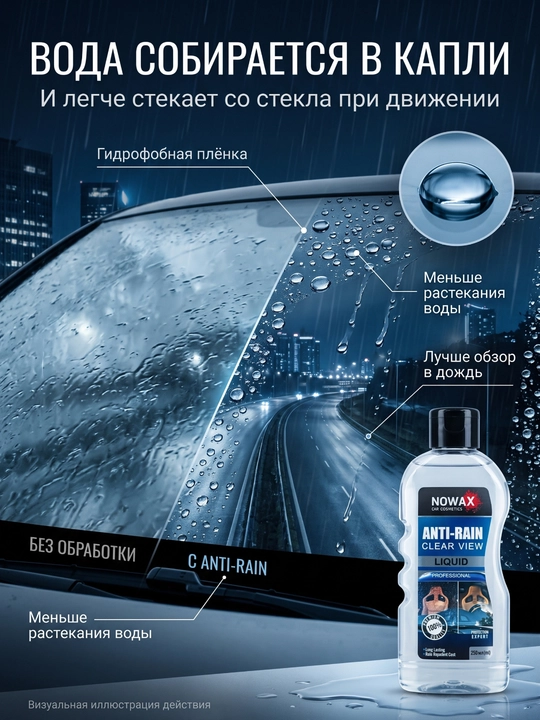 Антидождь для лобового стекла и зеркал NOWAX, водоотталкивающее средство, 250 мл