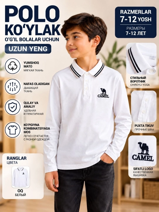 O‘g‘il bolalar uchun oq polo ko‘ylak, uzun yengli, yoqali, CAMEL yozuvli, maktab  uchun - 