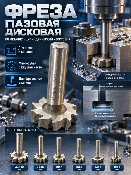T-simon paz ochish frezasi, metall uchun diskli freza, silindrsimon dastakli, 10–32 mm