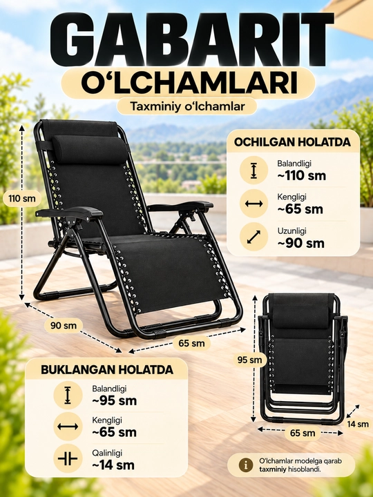 Raskladushka yig‘ma dam olish kreslosi, bosh yostiqchali, qora