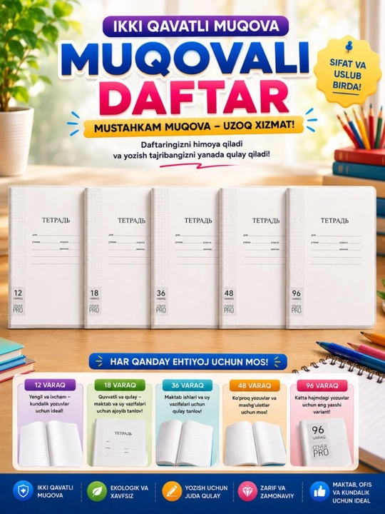 Usti plastik muqovalik daftarlar, 12, 18, 36, 48, 96 varaqlik