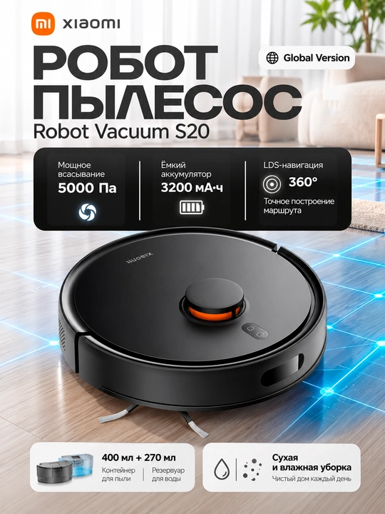 Robot changyutgich Xiaomi Robot Vacuum E5, quvvati 2000 Pa gacha, katta konteynerli - 