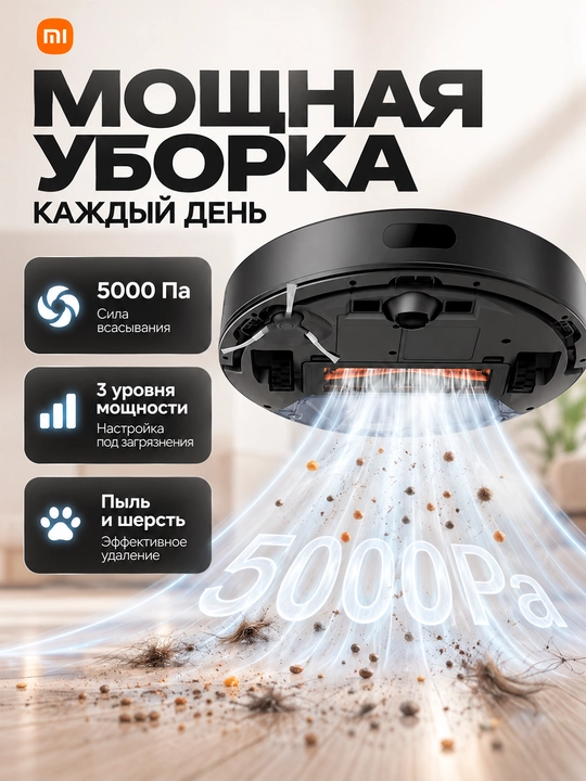 Robot changyutgich Xiaomi Robot Vacuum E5, quvvati 2000 Pa gacha, katta konteynerli
