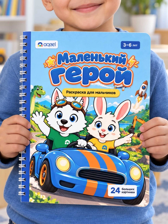 Раскраска для мальчиков AQEEL «Маленький герой», 3–6 лет, 24 картинки, на спирали - 