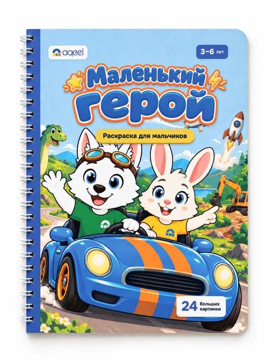 Раскраска для мальчиков AQEEL «Маленький герой», 3–6 лет, 24 картинки, на спирали
