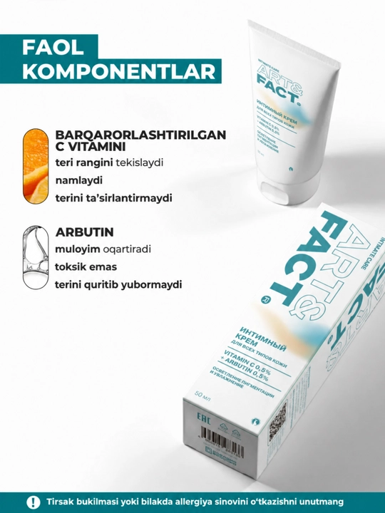 Art&Fact intim zonalar, qo‘ltiq osti, tana oqartiruvchi dezodorant krem, vitamin C arbutin