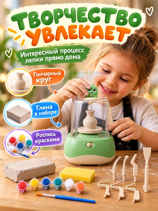 Гончарный круг детский электрический, набор для лепки из глины и творчества, с красками