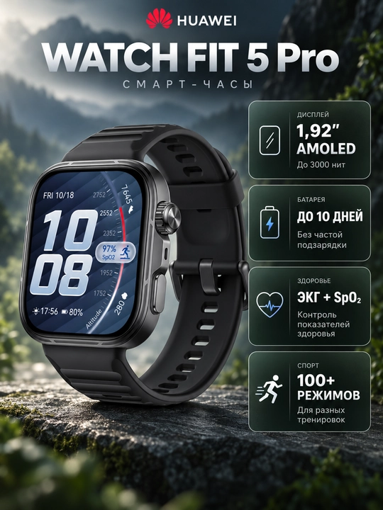 Fitnes soat HUAWEI WATCH FIT 5 Pro AMOLED ECG GPS NFC Bluetooth 6.0 10 kun 5ATM - 