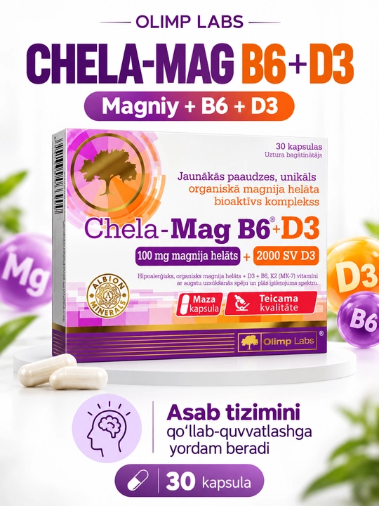 Olimp Labs Chela-Mag B6 + D3 — xelat shaklidagi magniy, B6 va D3 vitaminlari, 30 kapsula - 