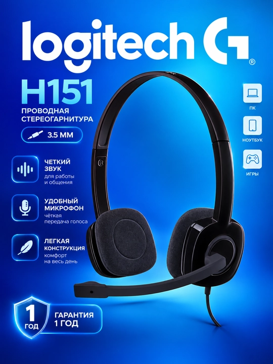 Проводная гарнитура Logitech H151 Stereo, 3.5 мм, с микрофоном, с гарантией - 