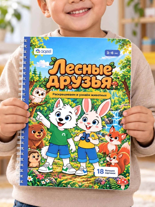 Раскраска с животными AQEEL «Лесные друзья», 3–6 лет, 18 картинок, на русском - 