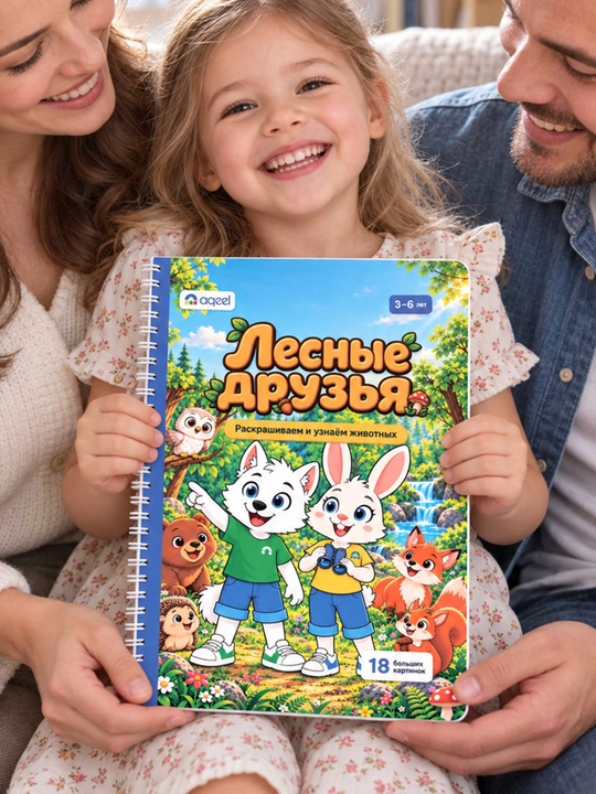 Раскраска с животными AQEEL «Лесные друзья», 3–6 лет, 18 картинок, на русском