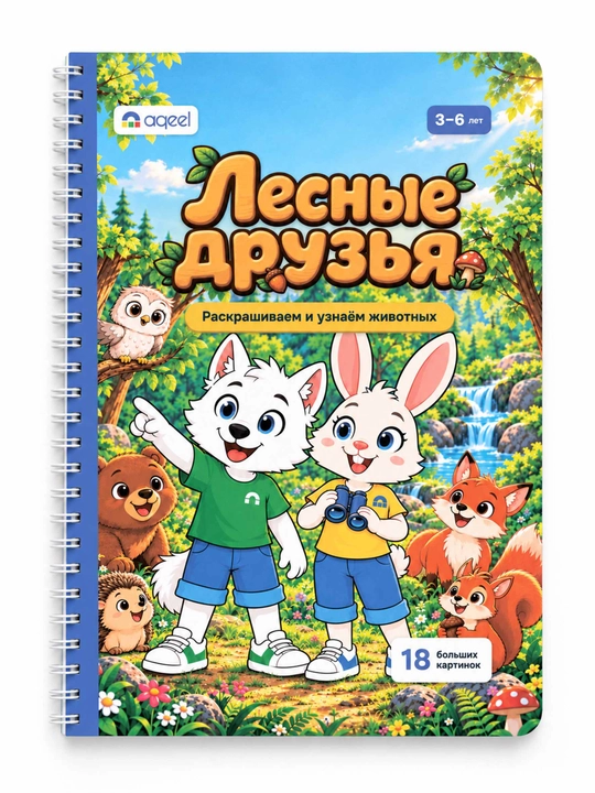 Раскраска с животными AQEEL «Лесные друзья», 3–6 лет, 18 картинок, на русском